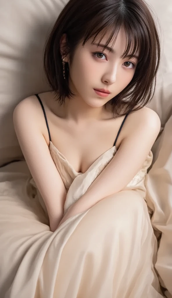 there is a woman sitting on the floor taking a photo, She has black hair with bangs, cruel korean gothic girl, gothic girl aesthetic, gothic aesthetic, 1 gothic girl of 21 years old, seductive and provocative pose, with black hair, the girl is crouching, pale gothic beauty
