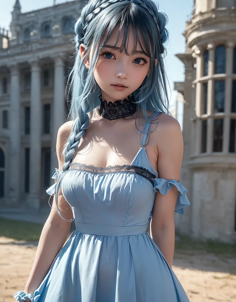 a girl, blue hair, blue eyes, white dress