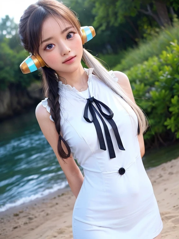 ((highest quality, 8k, masterpiece:1.3)), Detailed eyes, (View from the front), Looking at the camera, ((Everything is Shining、Reflects light:1.2)), (Optimal ratio: Four fingers, One thumb), (Portraiture), (((One Piece Uta))), 1 girl, Cute face, Tilt your head, Half Body Shot, Sitting, Blushing, seiza, Mischievous face, (((Put your arms behind your back))), Confused, Outdoor, Beach, Expressive eyes, Perfect Face, dress, uta, Long Hair, white dress, Headphones, ribbon, Medium chest, neck ribbon, Split Color Hair, Hair on one eye, Twin tails, Hair Ring, black ribbon,