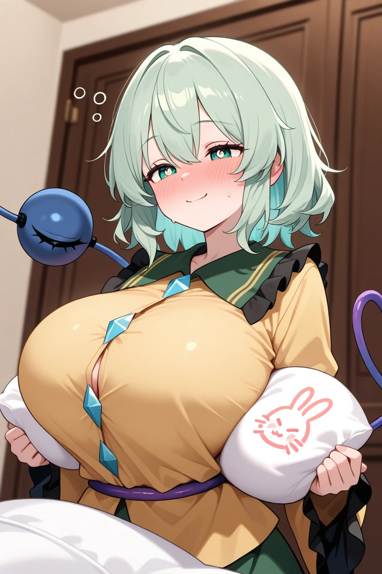 1girl, solo, , masterpiece, disproportionate breasts,chubby body ,gigantic breasts, sagging breasts, oppai, 13years, twintail hair, green hair, slanted eyes, orange eyes, gentle smile,