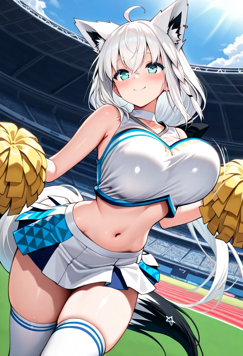 最high quality、high quality、best image quality、8K、最High resolution、High resolution、最high quality、masterpiece、whole body photos、 skin in every detail、 face in every detail、 eyes in every detail、 lips in every detail、 teeth in every detail、 ears with attention to detail、 hair with detailed details、arms with attention to detail、 hands with attention to detail、 fingers with attention to detail、 (fine hands、thumb1reference4)、 legs with attention to detail, feet with attention to detail, 8k, ultra HD, sharp focus, details hair, beautiful hair, details face, beautiful detail eye, details pupil, perfect hand, vibrant colours, soft lighting.
1girl, long hair, hair accessory, style hair, white hair, radiant white eyes, glow eyes, massive giant breast, football shirt , crop top, white skirt, short skirt, long stocking, spike shoes,
at stadium, running, ball, 🥅, scene,