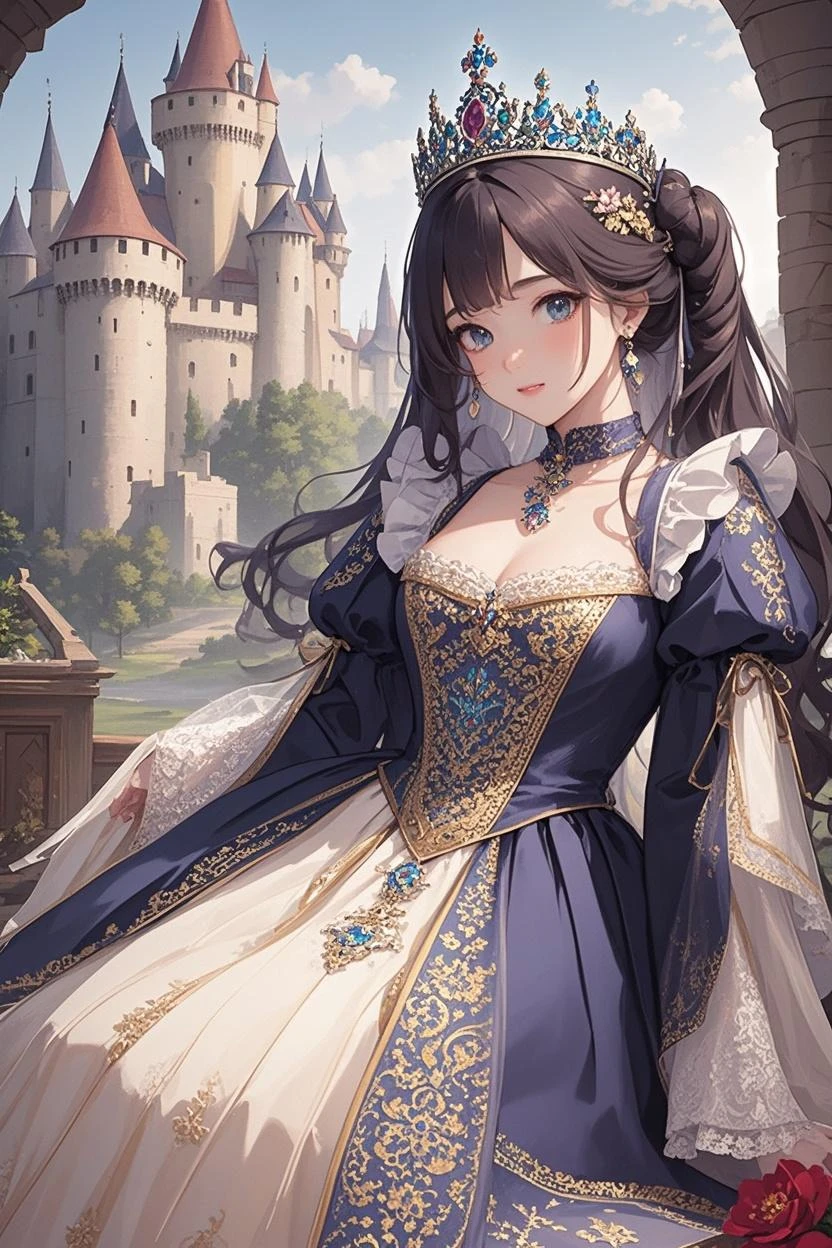 Uma mulher, princesa, roupas medievais, castelo ao fundo