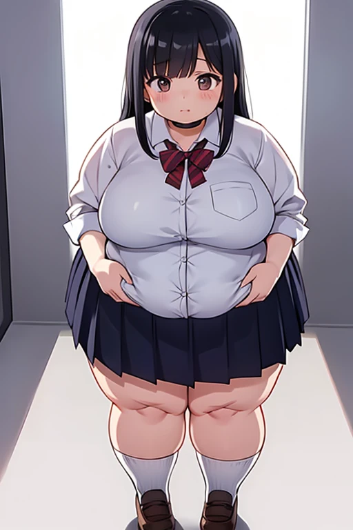 Obese nagatoro hayase, dark skin, blue skirt, obese body, fat arms, fat belly, thick thighs, cleavage, small breasts, blush, best quality, masterpiece, perfect lighting, arms behind back, 4K
