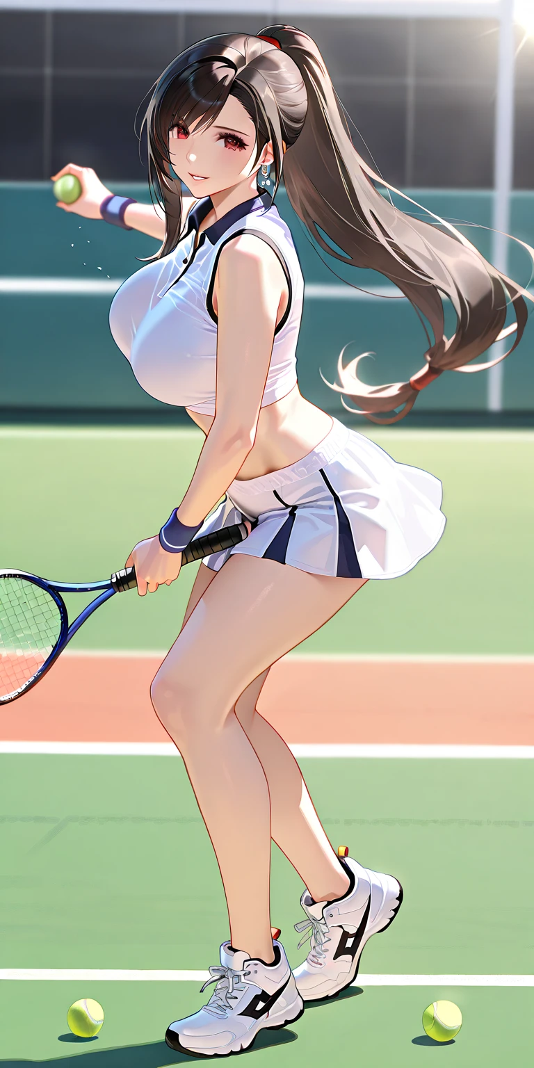 tennis、Beauty、Realistic rackets、tennisラケットでサーブを打つ、Dynamic Pose、Large breasts、necklace、Adorable expression