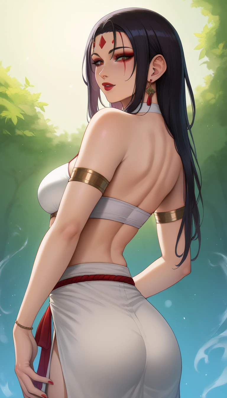 best quality, Masterpiece, Highly detailed,1 girl, ((rose)), (vine), cage, bandage, Red Rope, (detailed lighting), falling rose petals, Boa Hancock, (no:1.5), (Masterpiece:1.5), Detailed photos, smile, sexy, (8K, realistic, best quality: 1.4), (1 girl), beautiful Face, (realistic anime face), (black hair, long hair: 1.3), beautiful Hairstyle, realistic eyes, ดวงตาที่มีรายละเอียดbeautifulงาม, (white skin), ผิวbeautiful, nonsense, charming, Ultra high resolution, ultra realistic, high definition, golden ratio, (sexual arousal:1.5), Pinkish white skin, cool white light, ท่าsexy, beautiful , white background, cool white lightสีชมพู, Wear a white tank top.hourglasss body,big boobs , sexy curves