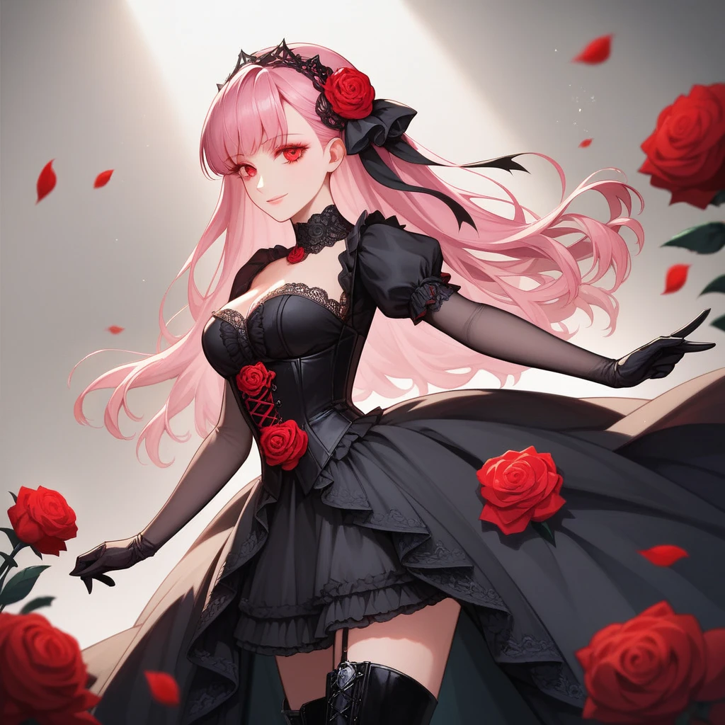 (8k,High resolution,masterpiece, accurate, Anatomically correct, Winner of numerous awards, 最high quality, High-resolution model, high quality, High detail, Very detailed:1.3)One person,16 year old girl,red eye(Big eyes)(Drooping eyes)
(pink sexy lips:1.2)Blushing,Hilda Hopes, smile,View your viewers, Hair Bun,blonde,Twin tails,dress, Red gloves, boots, Hoop Earrings,Large Breasts, (Cleavage)(grassland at sunset:1.0)(under the big tree)red and black dress,mini skirt