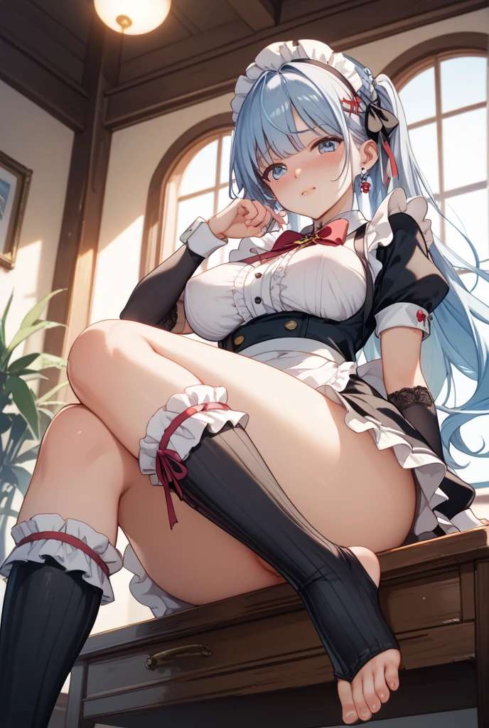 masterpiece, 1girl,
looking at viewer, hiquality, hight resolution, ultra-detailliert, high-level image quality, hightquality, anime illustrated, (finely detailed beautiful eye: 1.2), Detailed eye depiction, (finely detailed eyes and detailed face:1.3), (extremely details CG, Best Shadow:1.1), Depth of field and blur, (Perfect Detail: 1.1) , digitial illustration, Enamel Art, Center, Watercolor painting, art stations, concept-art, character sheets, Lightning Wave, beautiful anime watercolors, Vibrant colors, art by:hyung tae kim, Fine detail, intricate detailes, Curvaceous body, Detailed eye depiction, Vibrant colors,((Nervous expression)) 1 girl, solo, purple eye, barefoot, closed mouth, left covering eye, bang covering left eye, hair on left eye, hair covered left eye, left eye hidden by hair, blue hair, simple background, looking at viewer, white t-shirt, two braids, bare shoulders, sitting, feet, bangs, toes,long sleeves, blush, blushing, bandages, soles, curly legs, ribbon on leg, long hair, shiny lips, shiny skin, scared, shiny hair, sunny day, dramatic lighting, official artwork, 8k, black mini shorts, long braids, feet focus, fantasy outfit