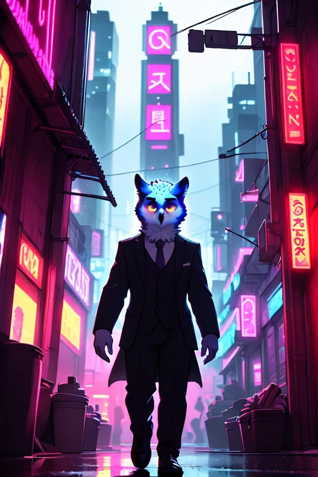 cyberpunk city, furry, fur, detailed fur, owl, 1 man, solo, suit outfit, office, detailed, intricate, hyper-realistic, dramatic shadows, neon lights, rainy atmosphere, gritty urban environment, advanced technology, futuristic architecture, moody colors, deep blues and purples, physically-based rendering, anime style, cinematic lighting, photorealistic, god rays, wide shot, high quality, 8K, UHD, masterpiece, anatomically correct, high quality