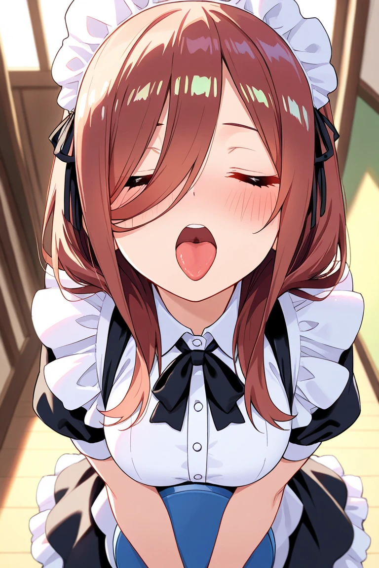1 boy, fellatio, penis balls_deep,deepthroat Cum in the back of my throat, Painful expression, Wide-eyed and surprised expression pussy juice Brown hair, brown eyes, long hair, wearing an apron,