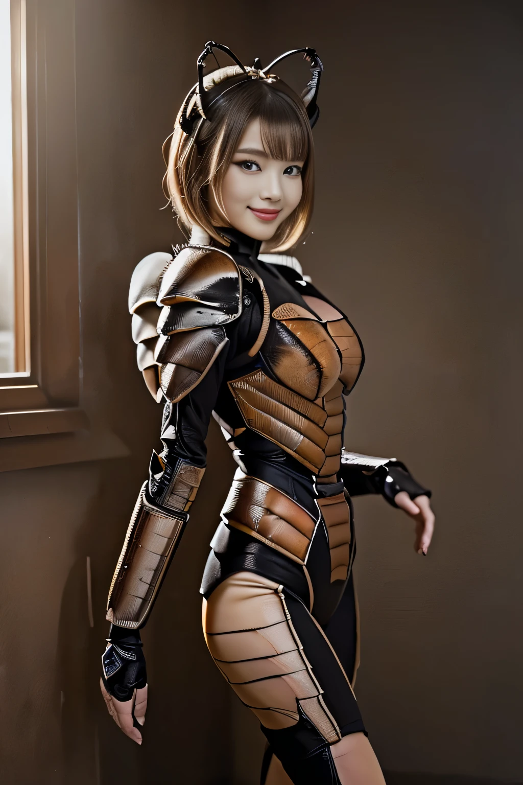(High resolution,masterpiece,highest quality,Very detailed CG, anime, official art:1.4), realistic, photograph, amazing detail, everything is complicated, shiny and glossy,Amazing number of layers, 8K wallpaper, 3D, sketch, cute, figure,( alone:1.4), perfect female proportions,villain's daughter, (Fusion of dark brown cockroach and lady:1.4), (brown cockroach woman:1.2), (brown cockroach woman:1.2), (Fusion:1.2), (alone:1.4), (evil smile:1.2), muscular, abs, (Cockroach brown exoskeleton bio insect suit:1.4), (Cockroach brown exoskeleton bio insect armor:1.2), (brown transparent cockroach feathers:1.4), (Antennae of brown cockroaches:1.3),