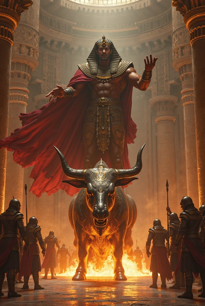 Create a goat-headed gladiator with a good physique and blood-stained Roman armor with a silver and gold sword. , diamond-encrusted armor . The background landscape is the desert with its pyramids and pile of bleeding dead people on the floor that this character left behind. , your name should be in front , her name is JAJULI . The character is masculine and with many muscles. The character is seen in the center of the image, smaller, the landscape wider, and the sword points to the dark, starry sky with a large moon. .