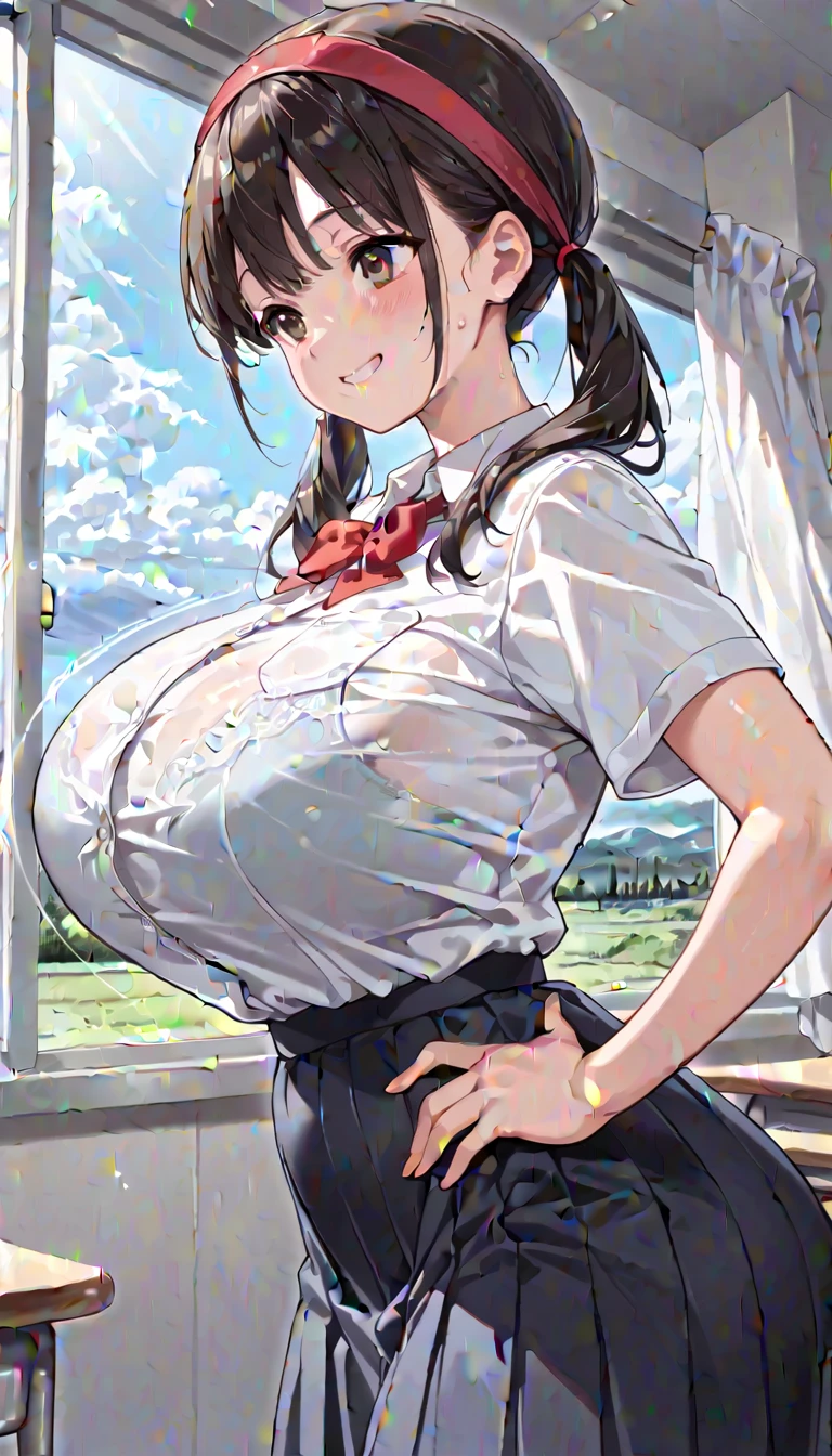 Yunyun, huge breasts, cut out skirt