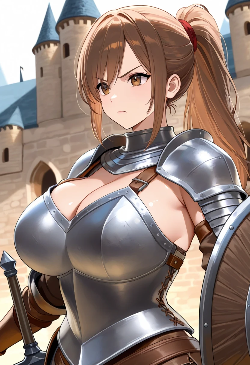 ((Extremely detailed)), 4K, ((cinematic lighting)), (cinematic fighting pose), Close up, fantasy world, medieval, cobblestone city, wooden stone houses, snow, marketplace, market stalls, adult woman, royal guard knight, long brown hair, blue eyes, ((beautiful eyes)), happy look, grin, blue tunic, (shiny armor), steel plate shoulders, steel gauntlets, armor plating, chainmail, very large breasts, (huge boobs), cleavage, holding large sword