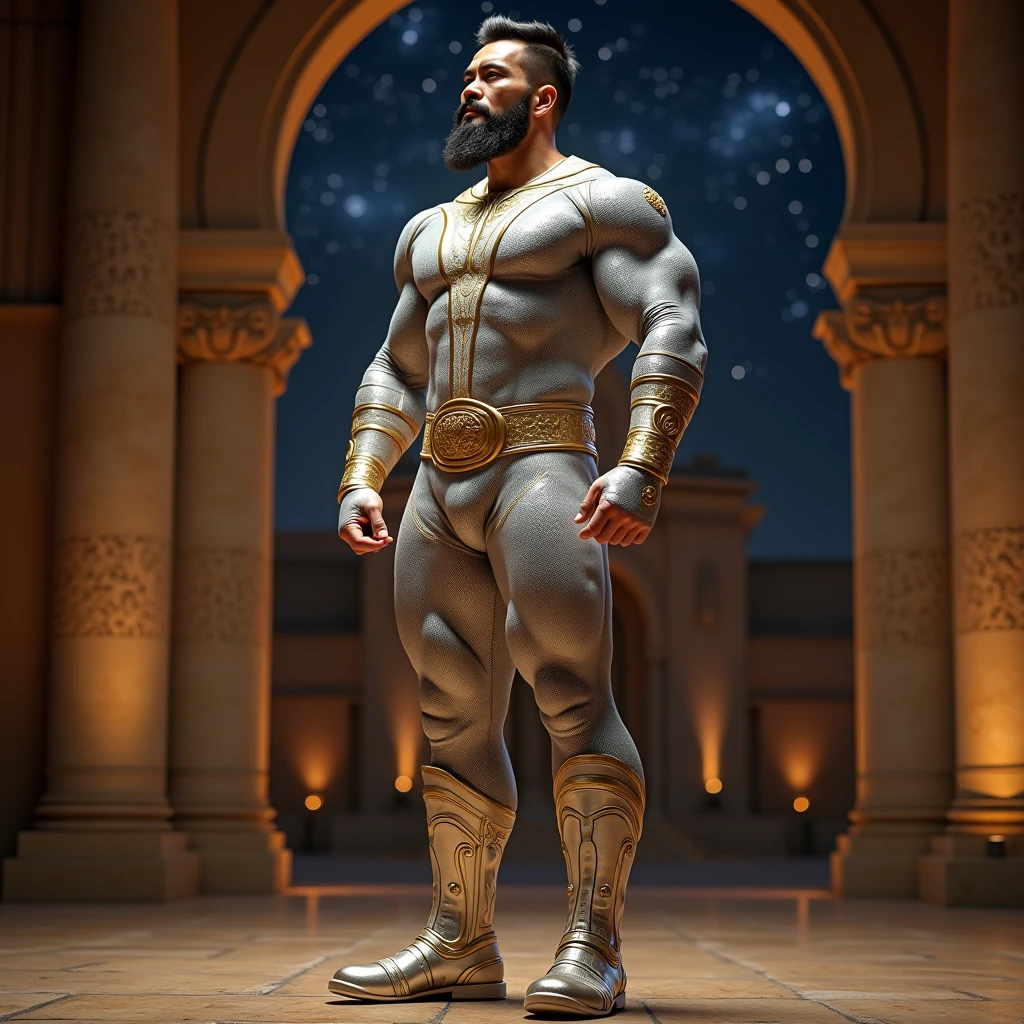There is only one handsome Chinese man in the photo，35 years old，tall, Fitness，Smooth body，Smooth skin，No chest hair，short hair, O-Shaped Beard，Perfect body, Dark skin color，Radiant Skin，Smooth skin，Shiny, shiny skin，Smooth pectoral muscles，Muscle bulge, muscular, Very large pectoral muscles，Very sexy abdominal muscles，Very well-developed leg muscles，Huge concave and convex area，Brightens oily skin，Wearing a shiny gold leather thong，Handsome face，Normal human toes，Correct and accurate male body proportions，Gold Collar，Gold bracelet，Gold anklets，Stand on a glacier，Night sky，A sky full of stars，There are auroras，Colorful，Charming dream scene，Epic。
