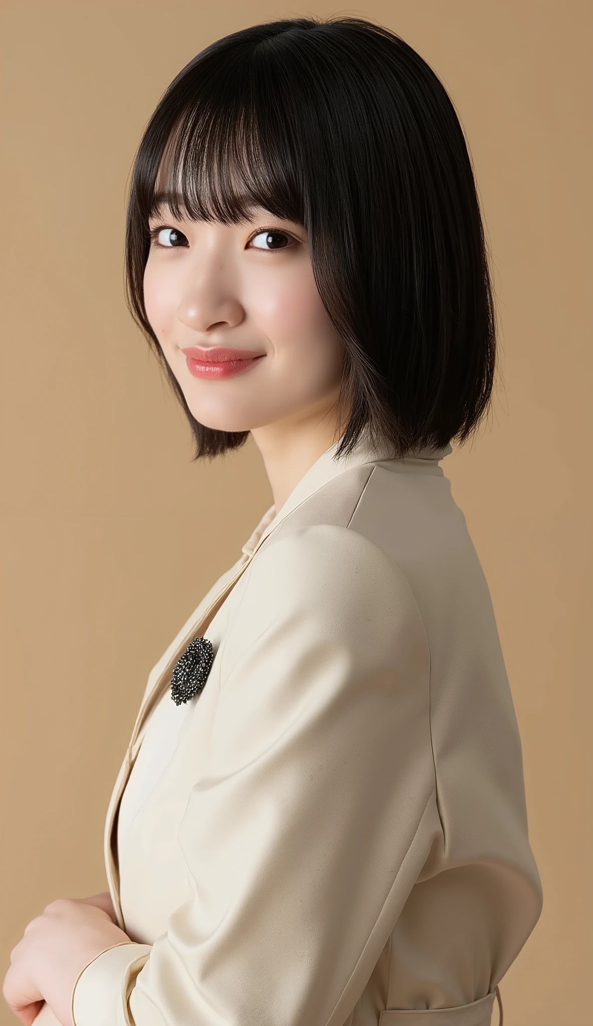 A high resolution portrait of a Japanese young woman with short hair, wearing elegant outfit, cinematic lighting, full body shot, she has a calm expression staring at the camera with a soft small smile, she stands inside a photo studio as if she is posing for a clothing brand photoshoot with beige background, anatomically correct proportion, extremely detailed, photo-realistic, realistic, masterpiece, best quality, 8k.
