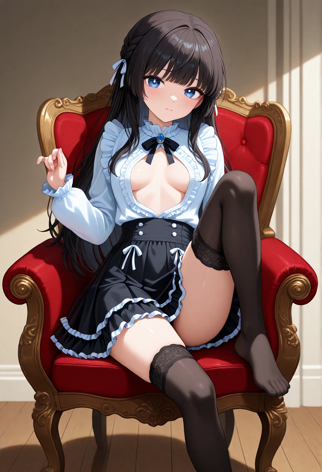 ((highest quality)), ((masterpiece)), (detailed), Perfect Face,gothic style,In a mansion,nsfw,light smile,oh,Embarrassed,beautiful girl,crinoline,lace socks,Lace panties,Wet underwear,velvet,corset,panty shot,skirt lift,oiled skin,wet,kneeling,(Spread your legs),Love juice,Puddle of pee