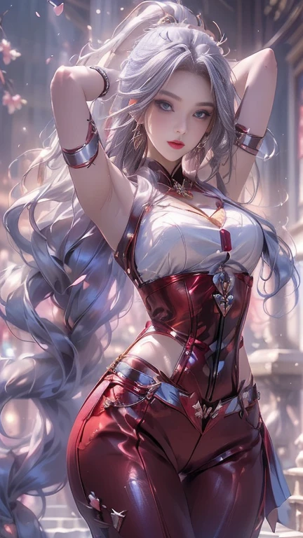 masterpiece, best quality, high-resolution, finely detailed, extremely detailed and beautiful, distinct_image, 1 girl, solo, beautiful young teenage girl, 13 years old, tanned white skin, long waist length hair(pink-red hair)(white highlights), soft facial features, heterochromatic eyes(left eye: silver)(right eye: red), elegant battle-styled sundress, cherry red plump lips, large E-cup breasts, short height(150cm). wide hips and plump large round ass, silver round-frame glasses, athletic and toned body