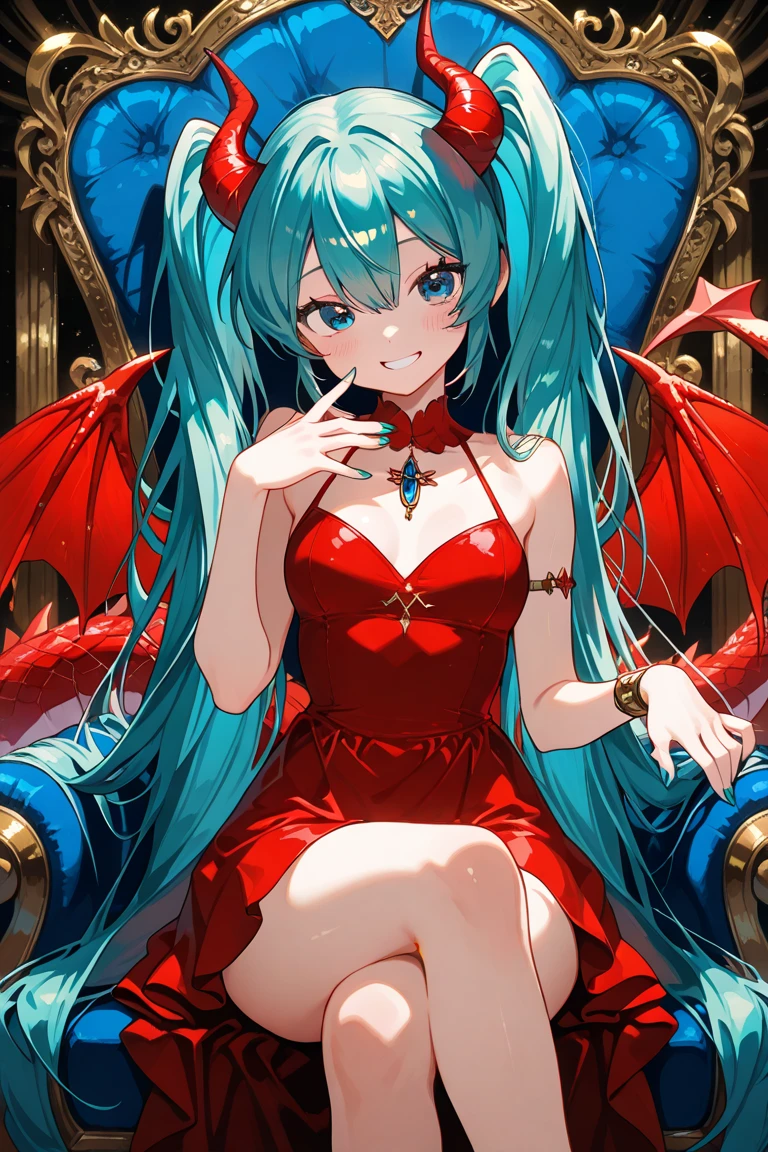 EXCELLENT QUALITY,最High Quality,High Quality,very beautiful,Supreme Masterpiece,artistic,girl,Beautiful girl,cute,VOCALOID,Hatsune Miku,Turquoise Blue Long Twin Tails,blue green eyes,The blue-green nails ,Dragon's Wings and Tail,red dress,Dragon Horns,throne in a stone palace,Winking and laughing innocently,mysterious