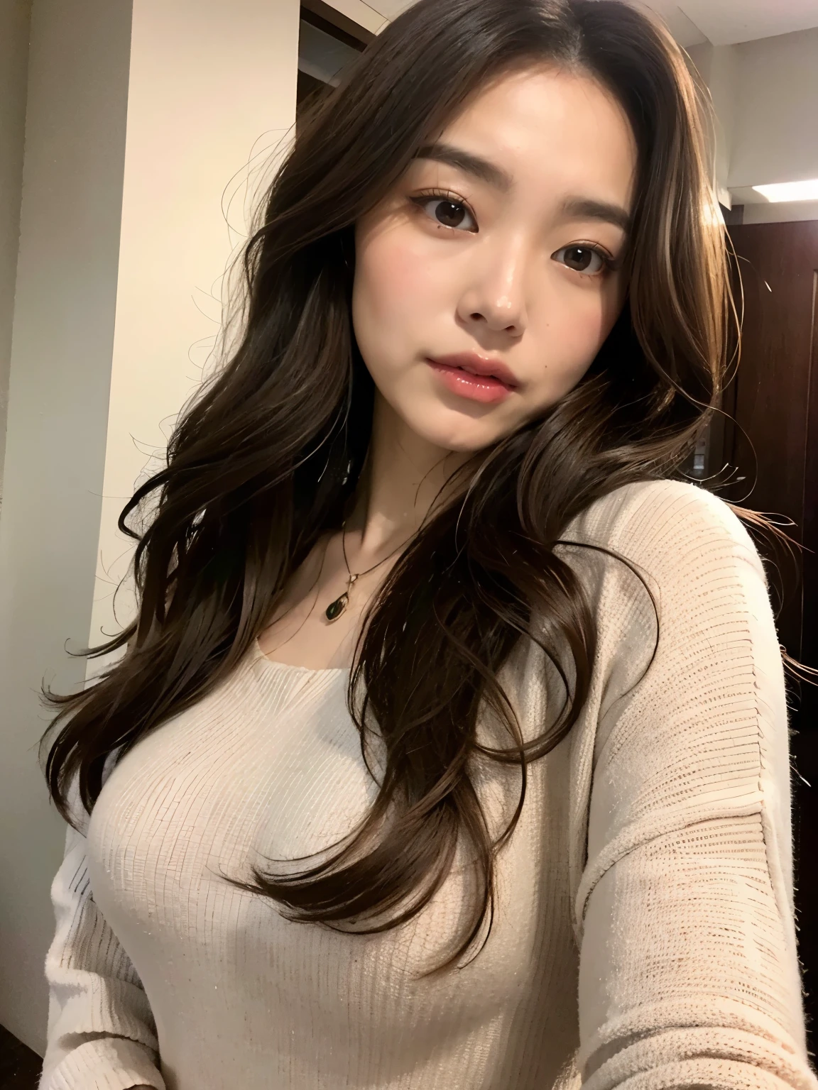 Mature milf lad,erotic underwear style,super cute,extreme close up upper full body,nice perfect face with soft skin perfect face,gorgeous long wavy brown-haired,8K resolution,ultra-realistic,ultra-detailed,highs quality,erotic beautiful immature lady wearing trendy underwear clothing at a Ranway,