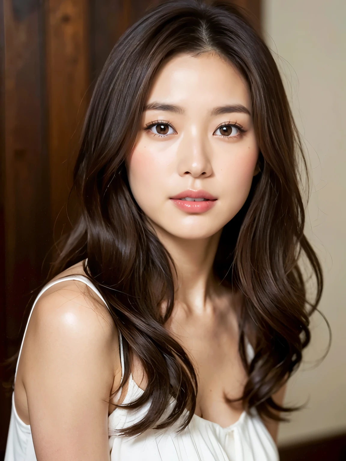 Dark brown hair、Light brown eyes、Japanese actress face、 Lady、I&#39;I like him and I&#39;I&#39;I am about 40 years old..、(Intricate details:1.2)、(Which is the top???:1.4)、 (Ultra-high resolution:1.2)、Ultra-high resolution、(Finely tuned)、(Detailed facial features)、Hmph、8K resolution、D cup size breasts、Long Hair、Large windows、Extravagant space、relax、、,Full body photo、Head to toe shot、Beautiful feet、Beautiful feet、A refreshing room full of sunlight、she, household items,   (plant:0.8), Fashion Hub, Extremely detailed, Very detailed, Realistic, Hourglass Shaped Body, Obscene pose,、、I cry a lot、tears、person on the left、White wall、White floor、diagonally from below、please lift your chin、Put your butt against the wall、Relaxed expression、Pose of Weakness、(auraroid photo:1.2)、From outside the window、A masterpiece of transparent painting、8K、32k、highest quality、(Details of both eyes)、1 girl、elegant、(Loose knit camisole :1.4)、sunset、sit、(Low Angle、Take a look here、Tilt&#39;head:1.2)、Hilarious、Looking at the camera、buzzer、