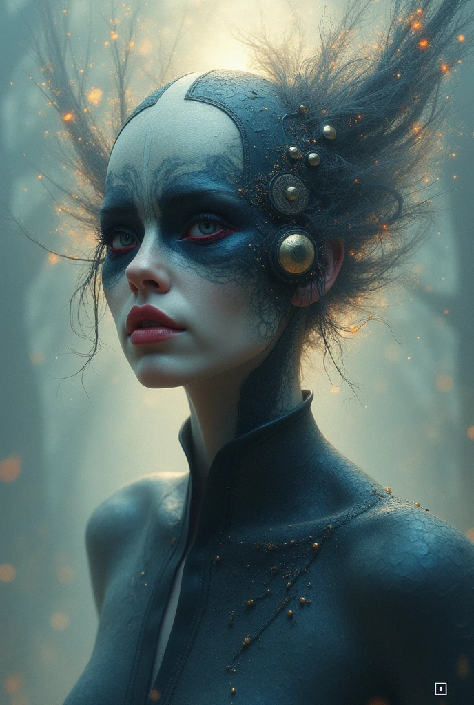 dark surreal dystopian post-apocalyptic fashion, by Gottfried Helnwein, by Emil Melmoth, by John Jude Palencar, by HR Giger, gorgeous dramatic evocative eerie photograph, tincelles lumineuses, lumire douce blanche et or, particules et fils d'or, by Erwin Olaf, RF 85mm F1.2L USM DS, luminous, up lighting, inner glow, 8K, Ultra Realistic, high octane, ultra-resolution, amazing detail, perfection, In frame, photorealistic, cinematic lighting, visual clarity, UHD, 32k, 3D shading, Tone Mapping, Ray Tracing , Crystalline, Lumen Reflections, Super-Resolution, par James Cameron, par Andrew Gonzalez, Cinematic, Photography, Ultra-Wide Angle, Exposure, Long Exposure, Saturated, Light, Natural Lighting, volumetric lighting, Matte, insanely detailed and intricate, hypermaximalist, elegant, ornate, hyper realistic, super detailed, by James Cameron, detailed, 8k, anamorphic lighting, mist, by Annie Leibovitz