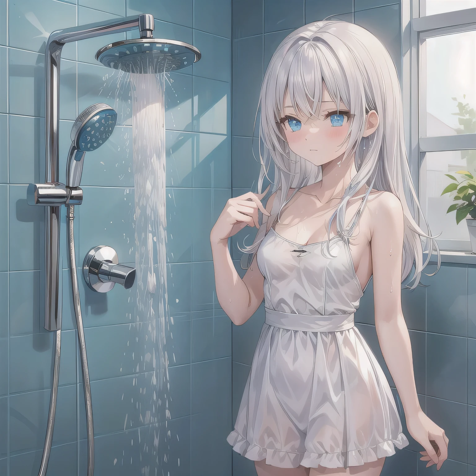 Kasumi Nakasu Yellow and silver hair Straight Hair Red Eye Short Bob whole body Wrap a white bath towel around your body shower room High quality Soaking wet smile I take a shower