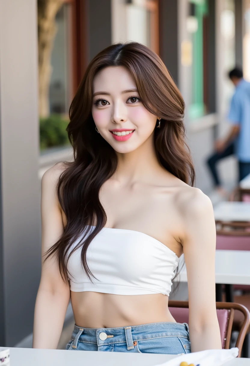 Tabletop, Highest quality, figure, Very detailed, In detail, High resolution, 8k wallpaper, Perfect dynamic composition, Beautiful attention to detail, She is a bikini model,White swimwear hoodie ,Natural lip color, Big Breasts, Medium Hair , background: Sea Resort, Emphasize , Smile