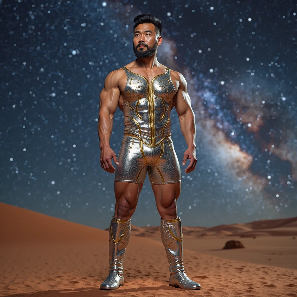 There is only one handsome Chinese man in the photo,35 years old,tall, Fitness,Smooth body,Smooth skin,No chest hair,short hair, O-Shaped Beard,Perfect body, Dark skin color,Radiant Skin,Smooth skin,Shiny, shiny skin,Smooth pectoral muscles,Muscle bulge, muscular, Very large pectoral muscles,Very sexy abdominal muscles,Very well-developed leg muscles,Huge concave and convex area,Brightens oily skin,Wearing a shiny gold leather thong,Handsome face,Normal human toes,Correct and accurate male body proportions,Gold Collar,Gold bracelet,Gold anklets,Standing in the snow,Night sky,A sky full of stars,There are auroras,Colorful,Charming dream scene,Epic。