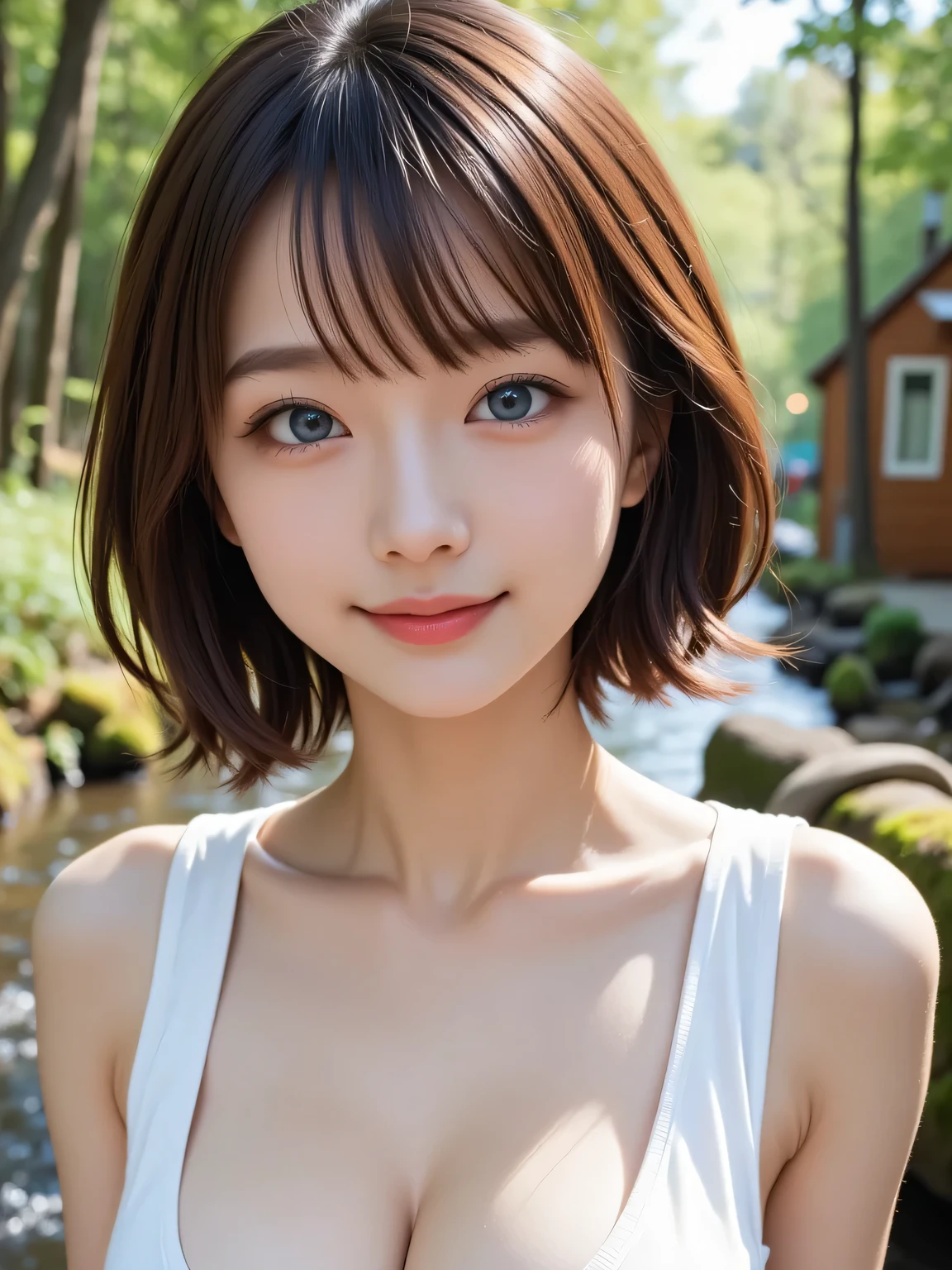 Highest quality, RAW photo, Ultra HD, 18-year-old Korean, beauty, big breasts:1.5, breast crack:1.5, healthy skin tone, fair and smooth skin, (short hair, Flowing hair), ((Light brown silver hair)), beautiful eyes in various colors, thin lips, beautiful eyes with fine details, light pink blush, long eyelashes, beautiful double eyelids, eye shadow, The girl is a student, (((low cut, skinny, Unbuttoned School uniform, Sailor style uniform))), moderate leg thickness, focus on the legs, standing, shoot the whole body, emphasize cleavage, masterpiece, best quality, super detailed, face camera, super detailed, practical, distinctive, very detailed, sharp focus , (((full body shot, medium shot))), perfect face shape, perfect eyes with perfect symmetry, perfect plump lips, flexible female form, film, light, super detailed, super practical, masterpiece, atmospheric, high resolution, dynamic, dynamic studio lighting, (The girl in the (Golden sunlight filters through the trees, casting soft light on moss and a quiet stream. A small wooden cabin rests among the forest, smoke gently rising from its chimney.) background), slightly leaning front with chest out, patient happy expression, straight bangs, blue eyes, nude, sexy Evoking expressions, (low cut, skinny, Unbuttoned School uniform), (short hair bobcut), multicolored hair, gradient hair, two-tone hair