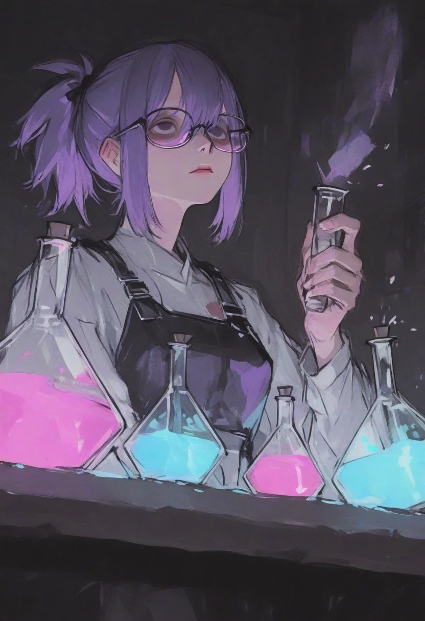 dim、Mr.々A laboratory with the necessary equipment、mad scientist、Mr.々Colorful flasks and beakers、syringe、Lab coat with colorful liquid on it、Glasses、Science Experiment、Insanity、