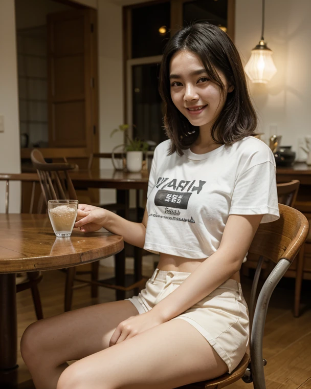 A stunningly cute 22-year-old Asian woman with smooth, glowing skin, long silky black hair, and sparkling brown eyes. She is at home, comfortably sitting on a cozy couch, wearing a black T-shirt and shorts. Her smile is warm and inviting, exuding youthful energy and charm. The background includes a warm and inviting home interior with soft lighting, tasteful decor, and a relaxed, cozy atmosphere