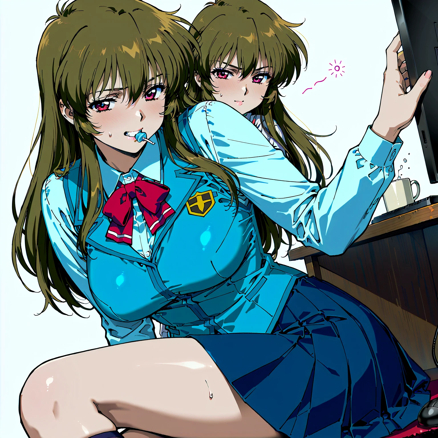 (anime one, retro art style, Clean brush strokes, very detailed, perfect anatomy, NSFW), classroom background, 1 girl (alone:1.5), eyebrows visible through hair, bangs, dark brown hair, blue eyes, Eyes prone to downcast (Sansakumaru:1.4), half-open eyes (beautiful and detailed eyes:1.2), looking at the viewer, open your mouth (stick out tongue:0.0), (orgasm:1.0), Are standing, open clothes, thin red bow, white round collar shirt, navy blue mini skirt (lift it yourself:1.5), showing off, slippery white party, Friction in the groin area, female masturbation (table sex:1.5), pussy juice,