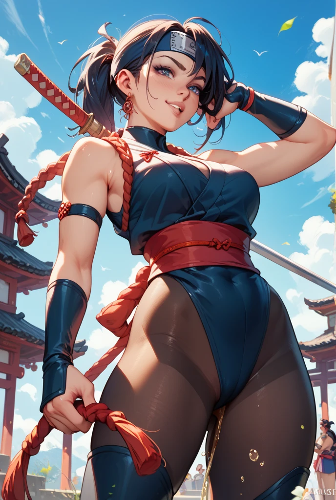dramatic, gritty, intense, anime character, dynamic fighting pose, 1girl, solo, solo focus, (dark black hair, tied up hairstyle), (wearing black gloves), (wearing samurai armor, armored gauntlets, armored boots, thighhigh boots), (wearing a skirt, orange skirt. pleaded skirt), (black biker shorts), ( big buttocks:1.5) modern art, hair covering eyes, (clenched hand, clenched hands), forest, beautiful face, beautiful eyes, (brown eyes), vibrant colors, night, highest quality digital art, Stunning art, wallpaper 4k, 8k, 19 years old, (large breasts:1.4), triple D cup breasts, round buttocks, cleavage, bubbly buttocks, wide hips, bubbly ass, fit and strong, slender body, HD, unparalleled masterpiece, best quality, full body, dynamic lighting, cinematic, epic, cowboy shot, full body with costume.