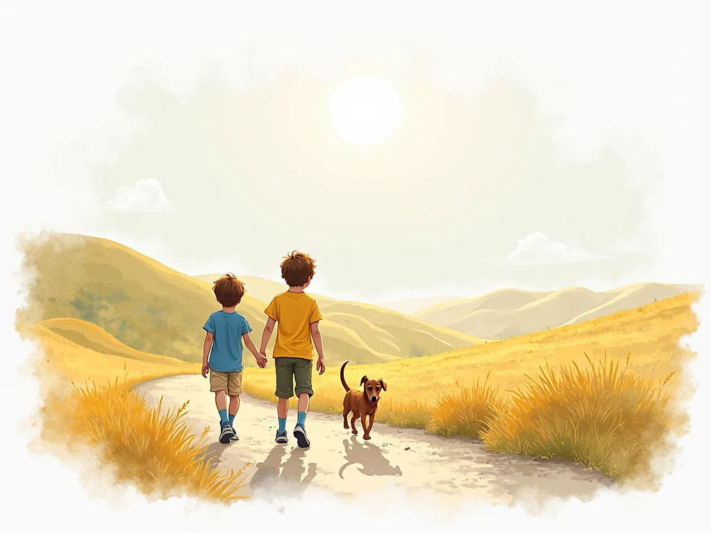 Quero uma imagem em aquarela (but with more real features) de dois garotos caminhando em uma estrada de terra. One of them is laughing, already the other, chorando e triste. Children wear older shirts and pants. Ao fundo, um belo bosque e um cavalo branco quase sumindo. 
