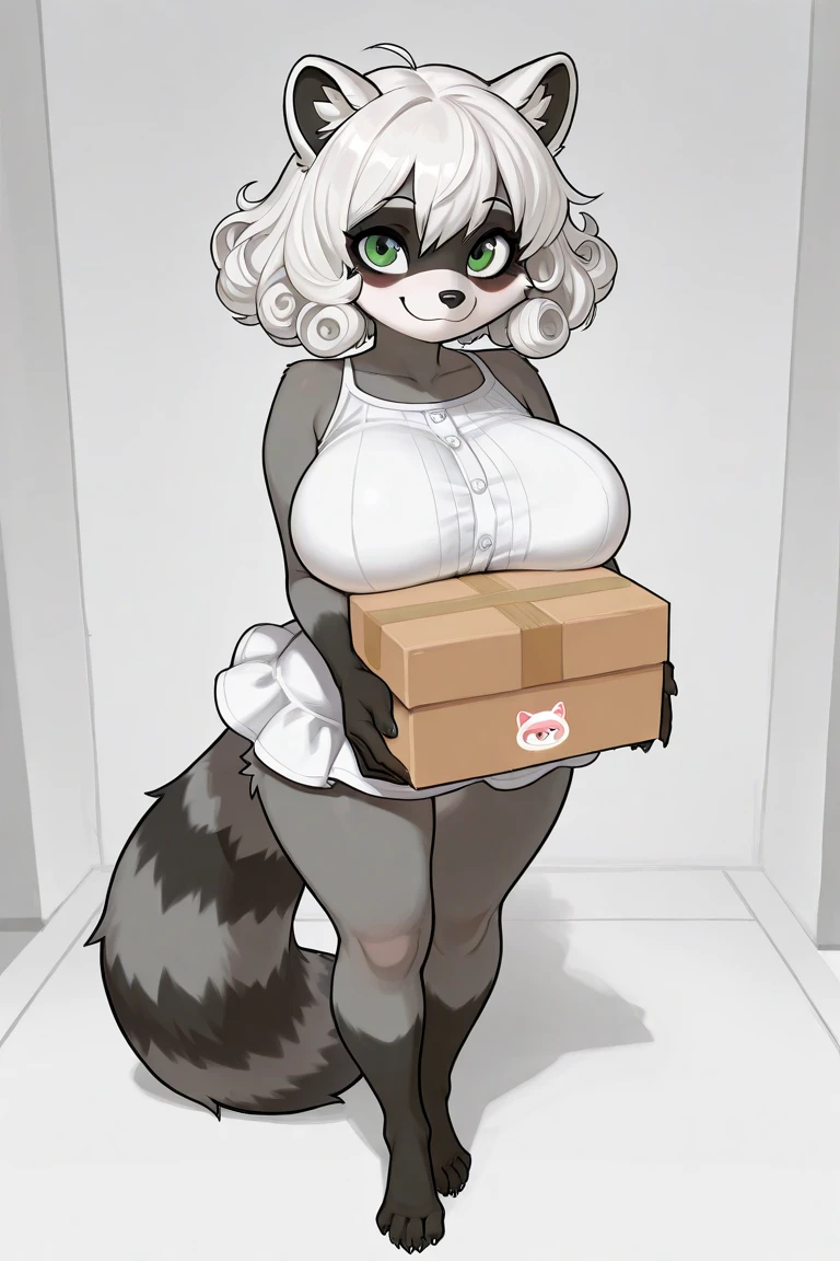 ferret, Fur covered her chest, fluffy chest, Fur covers her chest, dick, furry chest, very very beautiful furry art, weiblicher anthropomorphers ferret, Breasts covered and sfw. full body standond on box, white background
