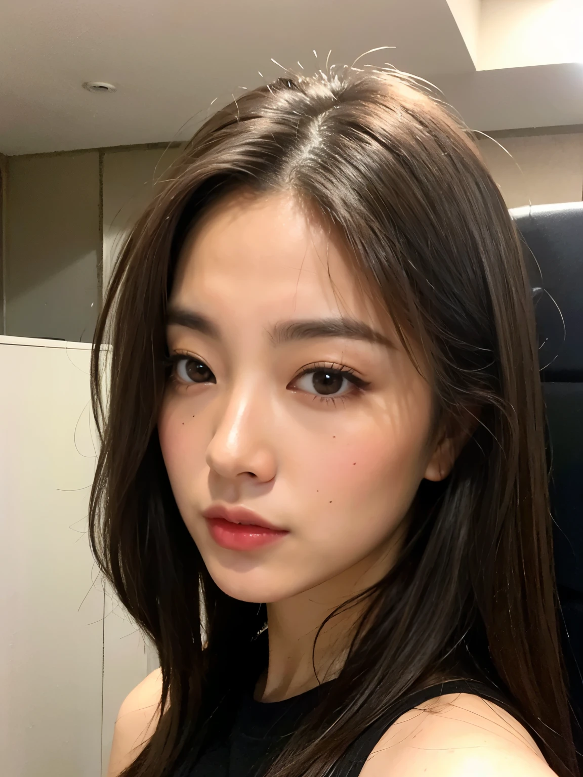 (detailed face),VIVID,normal breasts,pretty,sleeveless and turtle neck white silky clothes,4k ,super high resolution ,(photo-realistic: 1.7),gray furniture,
