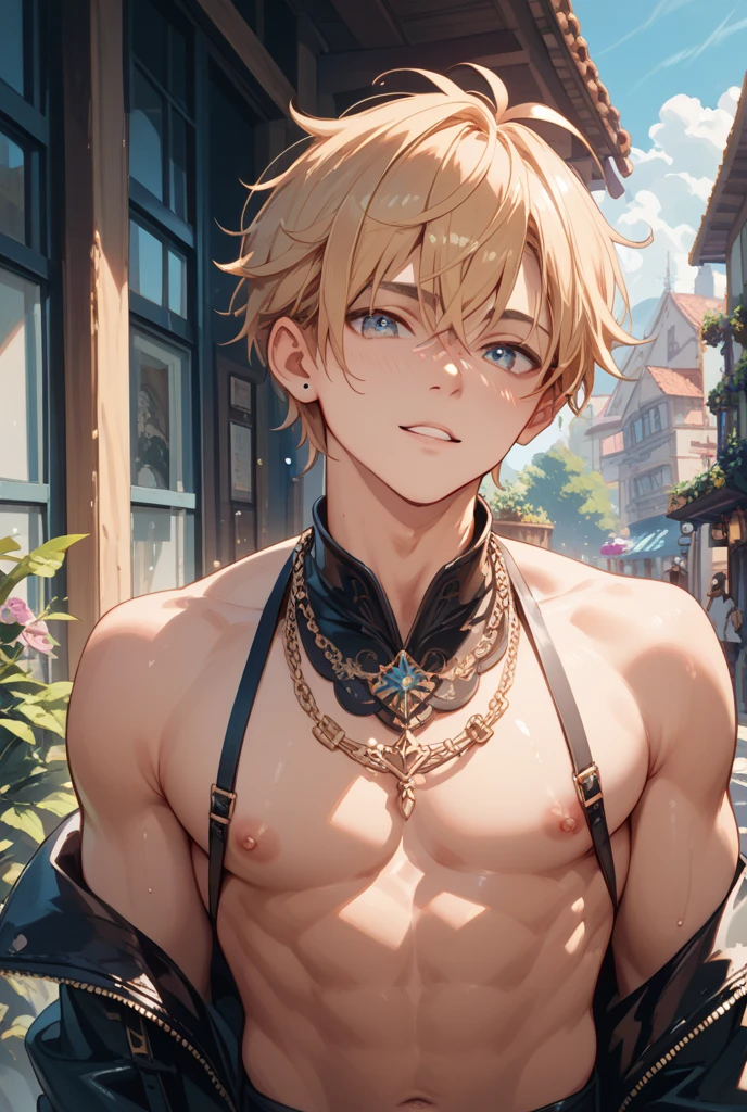 little Boy tribal,(((little Boy,Boy,, only,,1Boy,male))),((((8 years)))),
baby breast,(((blonde hair,punk hair,dyed inner hair))),((yellow_eyes:1.3))),difficult eyes,beautiful detailed eyes,symmetrical eyes,big eyes:1.5,(((black skin,dark skin,Shiny skin:1.5,tanned skin,bright skin: 1.5,tanned skin,Shiny skin,very Shiny skin,shiny body))),(((Child body,a little chubby,good anatomy,Exact body proportions,detailed shota body for young Boy,Ideal Anatomy))),(((detailed face and eyes))),
(nsfv),
((((bare chest,naked torso)))),(barefoot,),(((Dog collar with spikes,studded collar,edge,edge collar,Long chain leash, attached to a collar.,shackles,loincloth,bulge in loincloth))),((torn clothes,wet clothes,difficult outfit)),
dynamic pose,I look at the viewer,(serious),centered,scale to size,Rule of thirds,
on open air,overgrown,(overgrown background),landscape,extremely landscape,(Puddles are everywhere,moon,moon on the background),clouds,water lilies,palms,already,(sunset, golden hour),
(Glossy Egyptian ornaments),(top quality,8 K,32K,masterpiece),a high resolution,(Photorealistic:1.4),Ray tracing,sun glare,depth of field,By lighting effect,Add depth to your screen,(((bright colors,bright theme))),(difficult),(high contrast,photorealistic artwork:1.37),(Best quality,4K,a high resolution,masterpiece:1.2),ultra detailed,(realistic,photorealistic,photo-realistic:1.37),professional, злой