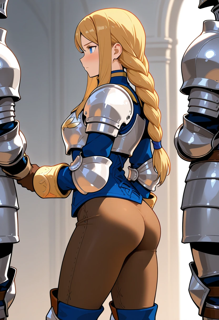 Female, woman, girl, noble, gold armor, royal, noble, sexy, armor, sword, bent over, embarrassed, ass revealed, armor skirt, short hair, blonde