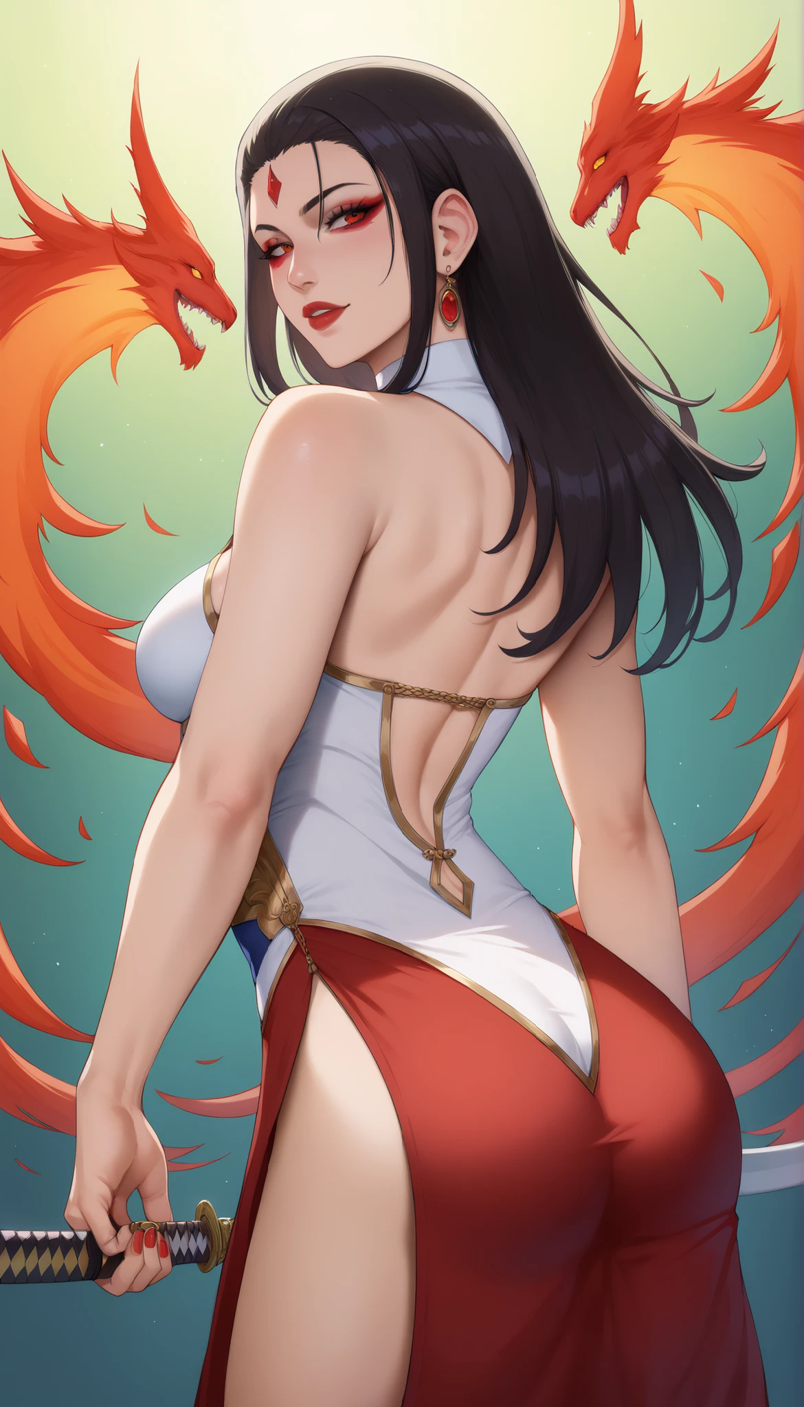 masterpiece, best quality, ultra-detailed, CG illustration, high resolution, better lighting, best shadow, extremely delicate and beautiful, appropriate shading, HD, 8k, ray tracing, hyper detailed and sharp background, perfect lights, anime style, Inspired by the game Mahokenshi: House of Ruby (Tengu, winged mountain kami, aggressive, red and white colors), strength, samuraipunk, solo, 1 woman, black hair, red eyes,  adult, obi tassel,