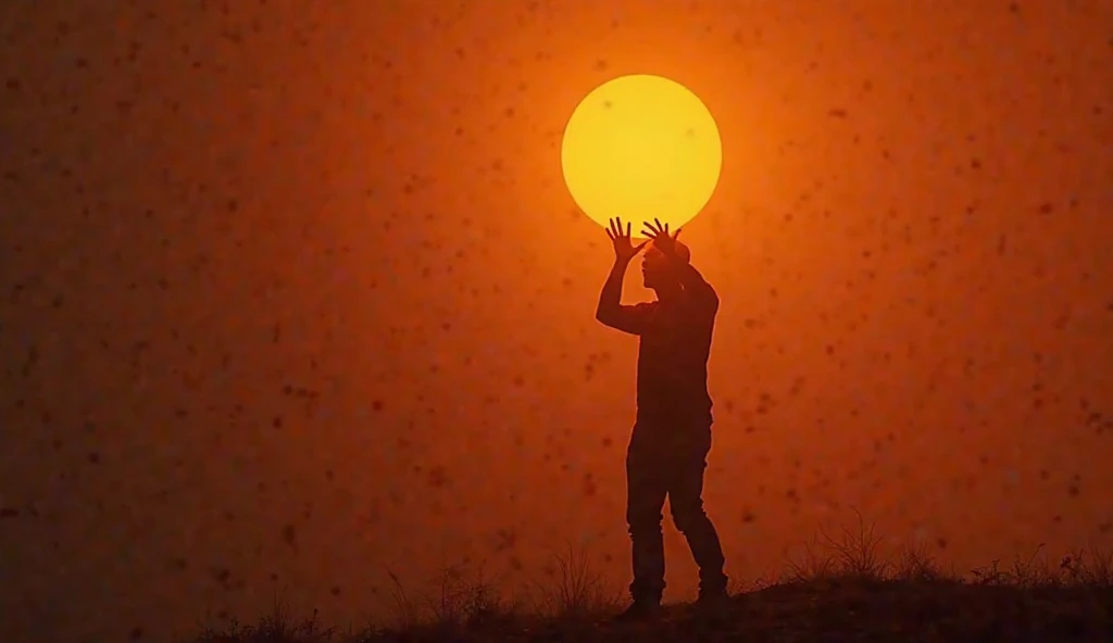 Figure holding a bouquet of flames under an umbrella at the beach. A man stands on a desolate beach, holding an umbrella in one hand and a bouquet of flames in the other. The image is grainy and monochromatic, with the flames providing the only source of light, creating a striking contrast against the dark, overcast sky. His posture is still, facing the sea, evoking a sense of loneliness or acceptance. The surreal nature of the flames adds an element of absurdity, yet the quiet surroundings ground the scene in a contemplative, melancholic mood.
