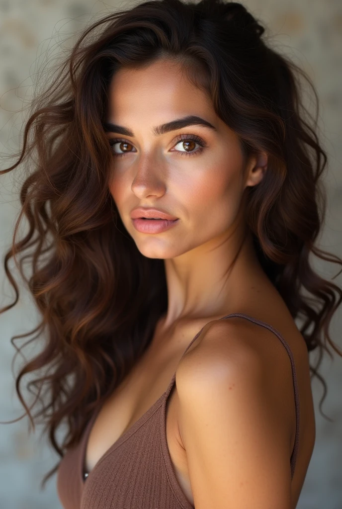 yeux verts, dark, curly hair, Peau brun clair, model face, Femme captivante, yeux affectueux, latine, beau,