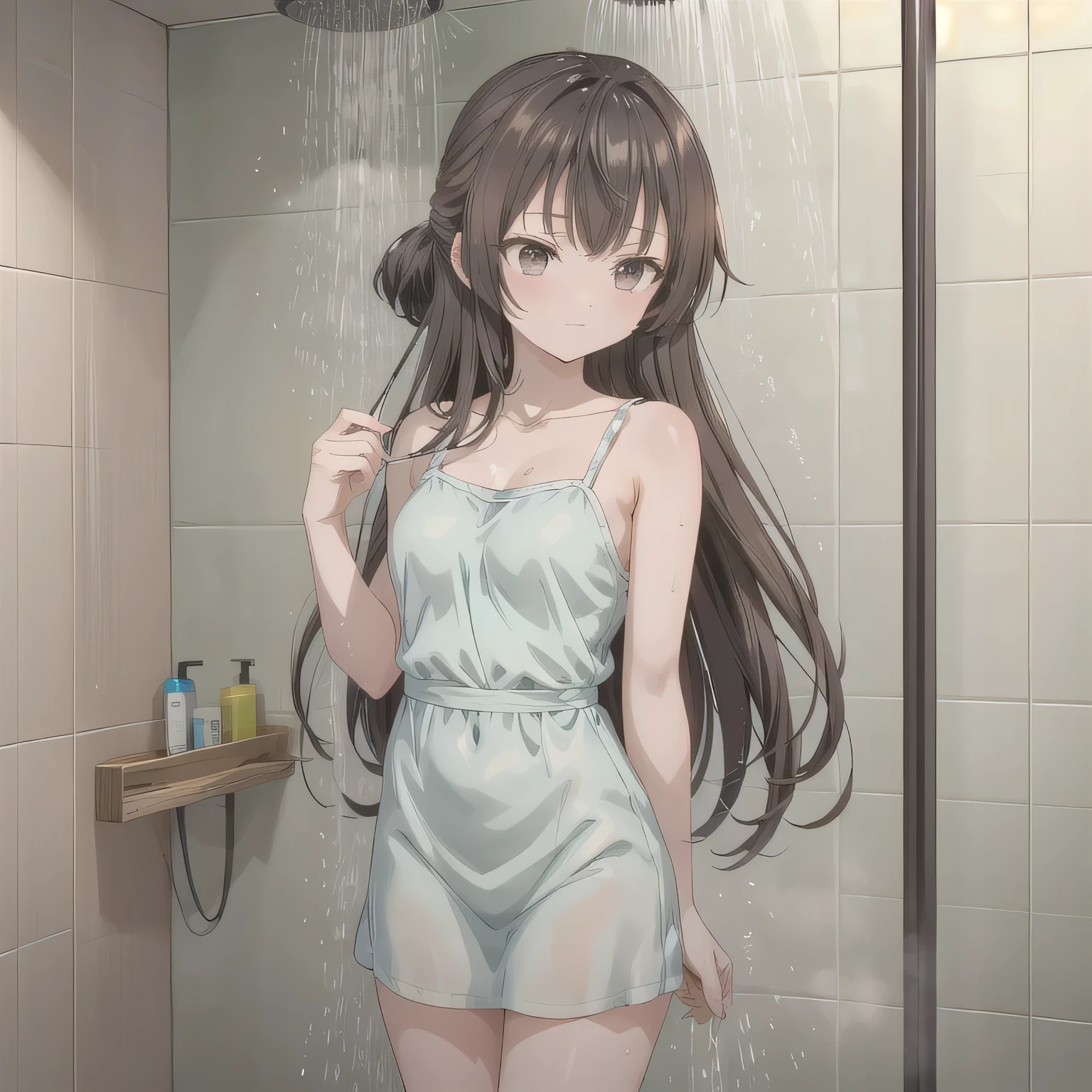 She is taking a shower in the shower room. She is facing away from me. She has small breasts. Brown hair, long hair, brown eyes.