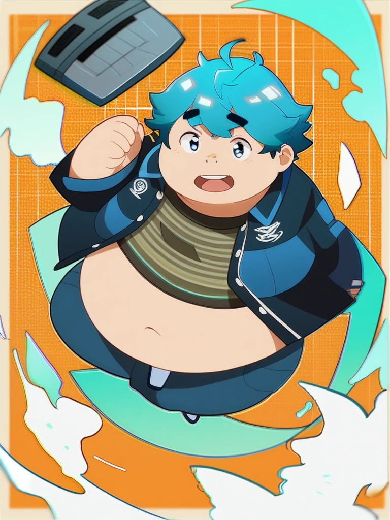 A fat adult man with light blue hair and light blue eyes