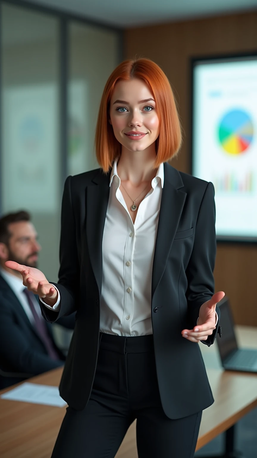 masterpiece、Best Quality、Detailed Expression、Well-balanced composition、8K、Very realistic、anatomically accurate hands on white sheets、well-balanced proportions、candid portrait、An office worker standing beside a screen and smartly presenting her products to customers with confident hand gestures、big smiles、Young and very attractive western woman、Straight short redhead close to orange、blue eyes、White and beautiful  、white shirt、Simple Necklace、black jacket suit、black women's slacks pants、Mr.々, a large projector screen showing a graph、conference room table、laptop and paper documents filed on the table、Businessman listening to explanations、female upper body up、camera angle focusing on a woman from a low position close to the floor、Formal Atmosphere