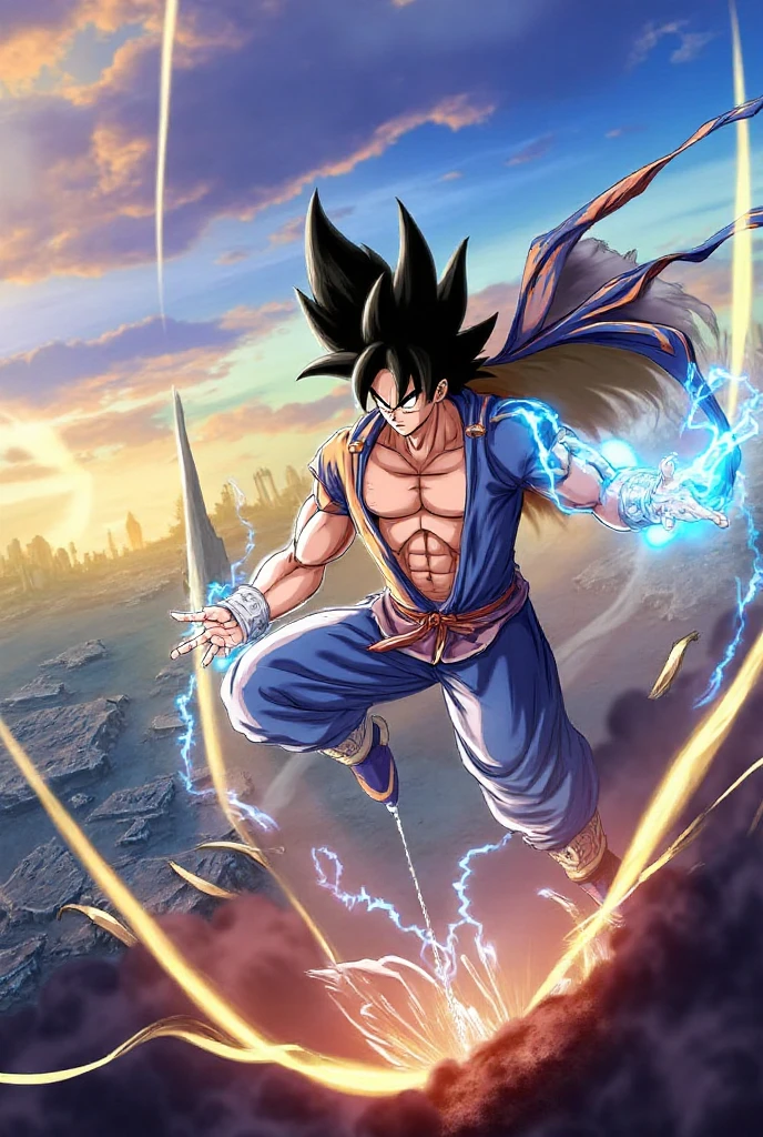 The (protagonist) Kakarot in the anime "Dragon Ball", (form) Super Saiyan 4, (light effect) has white light all over his body, and is (action emphasis) preparing to release (special move) turtle school qigong waves.