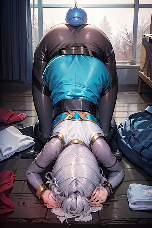 there are two women sitting on the floor with their feet up, dominant pose, mid view from below her feet, bottom angle, (sfw) safe for work, on knees, top down angle, legs intertwined, legs taking your pov, on a couch, bottom shot, 2263539546], 8 feet from the camera, midriff exposed, abs, smirking, muscles, purple hair