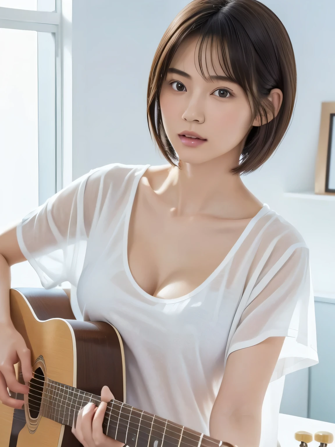 Photo of a Japanese woman wearing white clothes (sheer tank top:1.4) , big breasts, (side boob), cute, Shyness, 14 years old, (((thin sexy clothes:1.4))), black hair, (straight short hair), looking at the viewer, realism, video effects, Volume measurement Lighting, Volume measurement Light, Volume measurement, Natural light, advanced details, detailed and complex, intricate details, high intricate details, Huge amount of detailed information, confused, High resolution, medium shot, single shot, shallow focus, lips, medium breasts, detailed shadow, (Playing Acoustic Guitar:1.4), Inside the log cabin, (Blue sky outside the window), (biologically correct), Cowboy shot from the front,