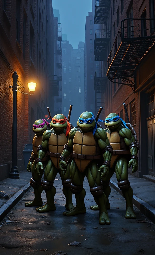 Photo realistic of the TMNT turtles in a narrow street of NewYork City by night, The four age Mutant Ninja Turtle are ready to fight
