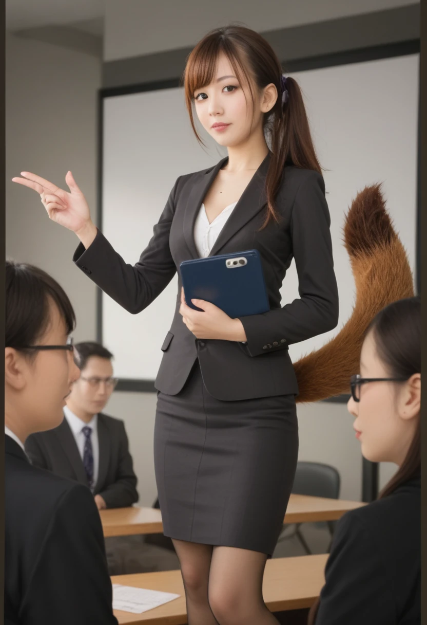 A woman in a business suit with a Japanese raccoon dog tail standing in front of a class of students, Take pictures with your camera, SCENE PHOTO, OFFICIAL STILLS ,