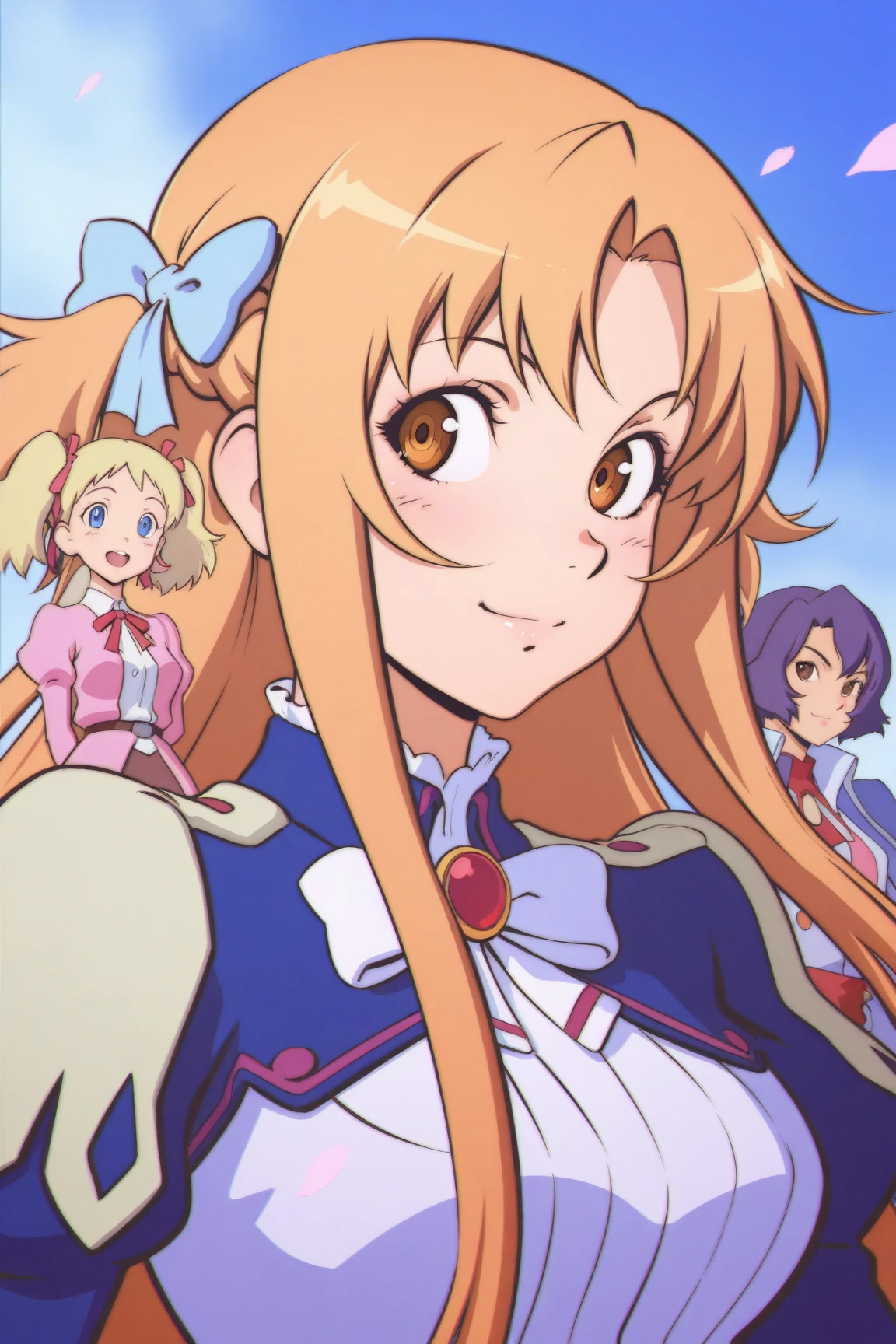 personajes de anime parados en una calle con una ciudad al fondo, violet garden, Tiempo dorado, Kyoto animation key image, finos detalles. chicas de primera linea, Kyoto Animation Anime Key Visual, dos hermosas chicas anime, visual clave de novela visual, chicas de primera linea cg, kyoto animation still, Ilustraciones oficiales del anime., arte clave de anime, chicas de primera linea style, official anime yet, arte oficial